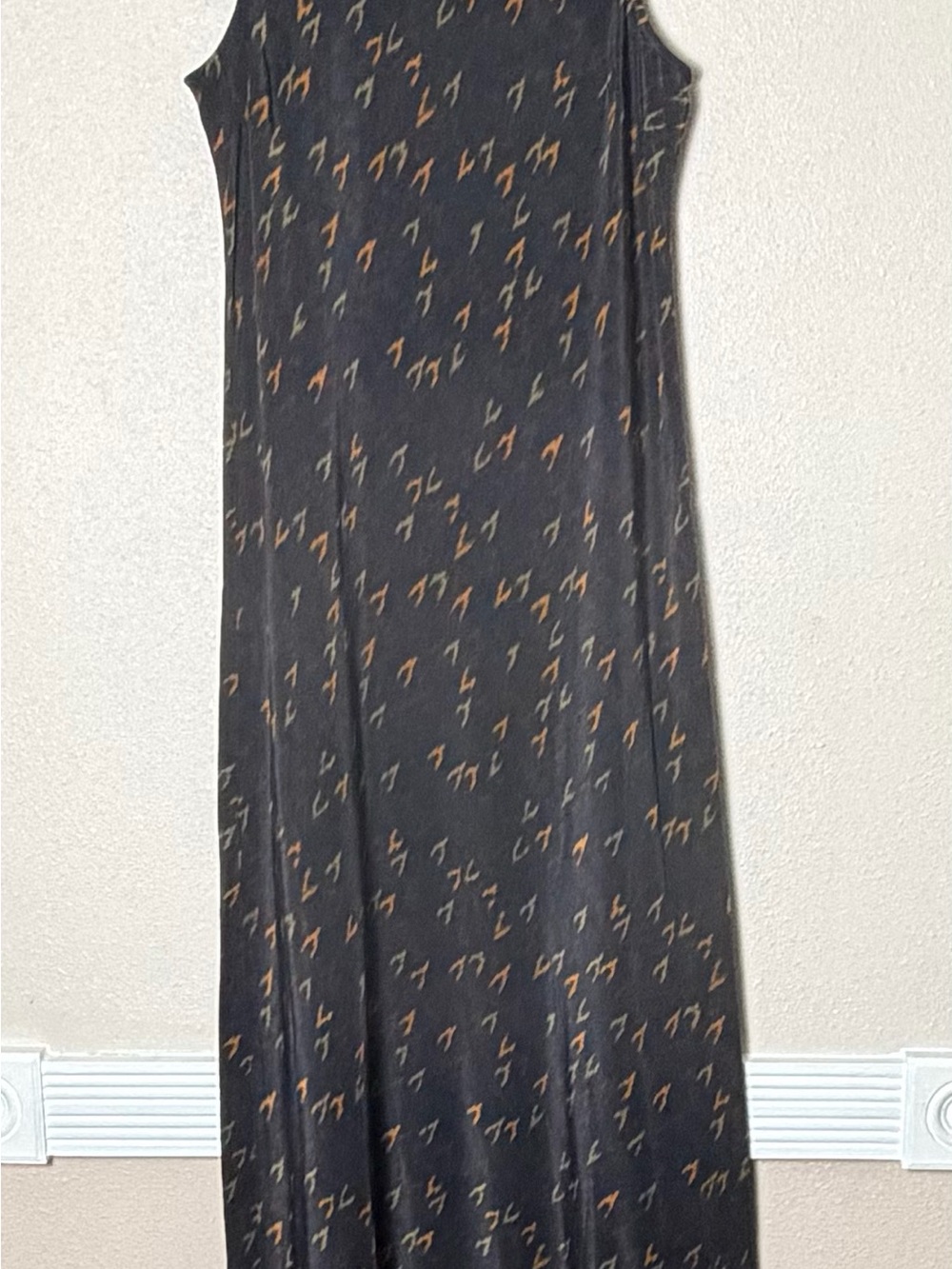 Finity Naturals Silk Black Sleeveless Maxi Dress with Rust & Olive Accent Print